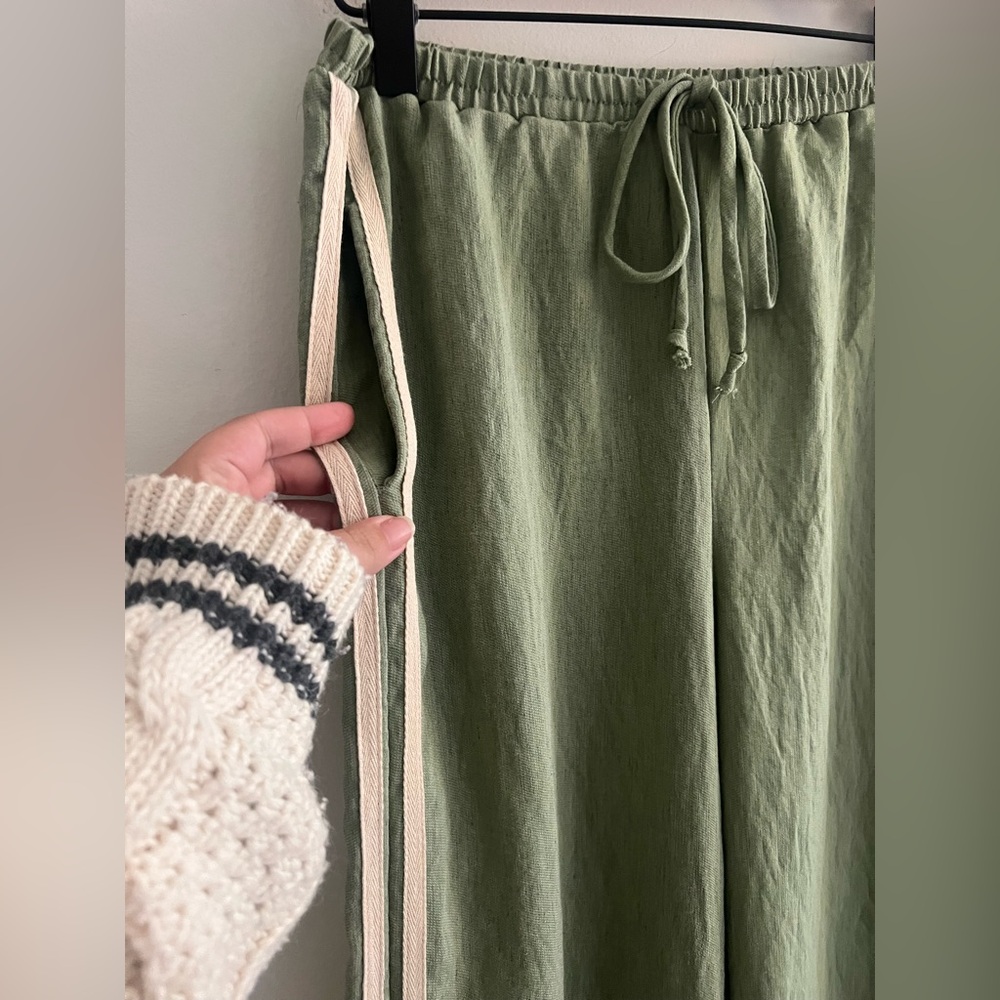 Sienna Sky Linen Blend Wide Leg Pants XS Green Cream Stripe Casual Lounge - Picture 3 of 8